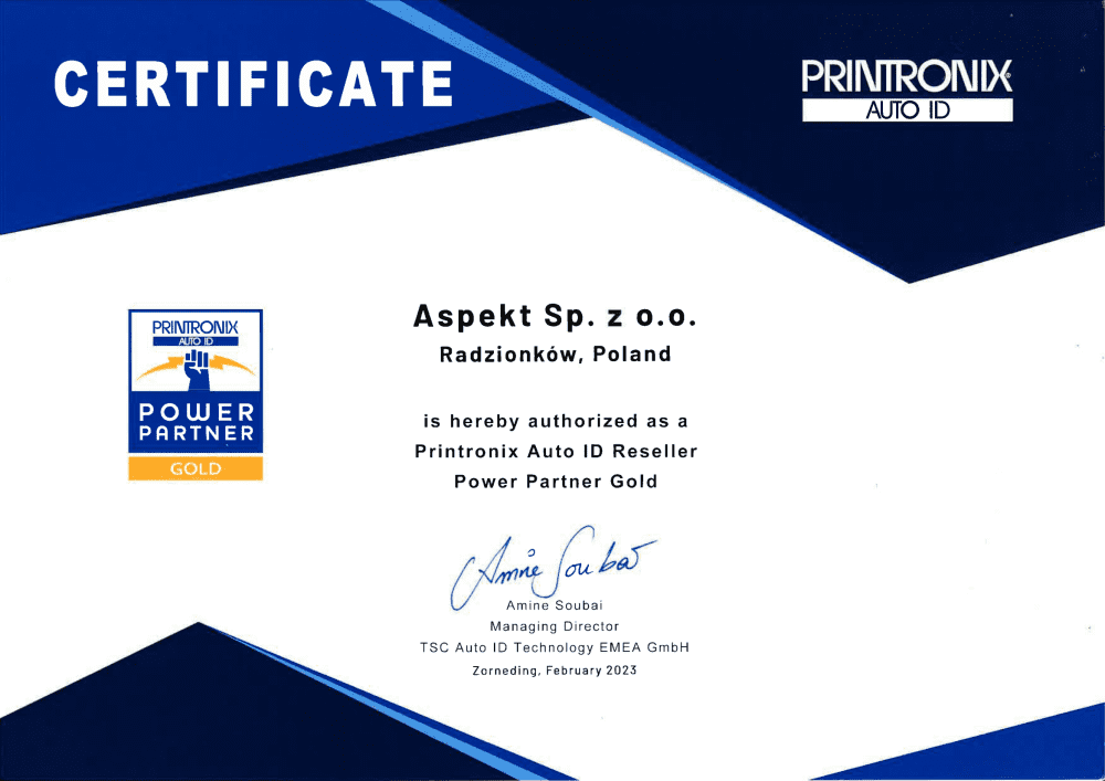 Certyfikat - Printronix Power Partner Gold