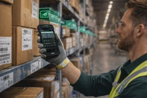Pracownik magazynu z technologią RFID